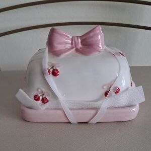 New!Pink and White Ceramic Butter Dish with Bow